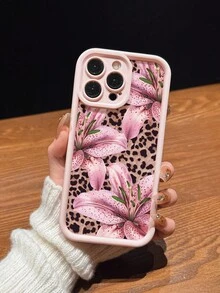 粉色甜美百合花性感豹紋磨砂防摔手機殼，適用於 iPhone 11/12/13/14/15/16/13 Pro Max/16 Plus/XR/8P/17 Pro Max - 粉色 - 查看 3