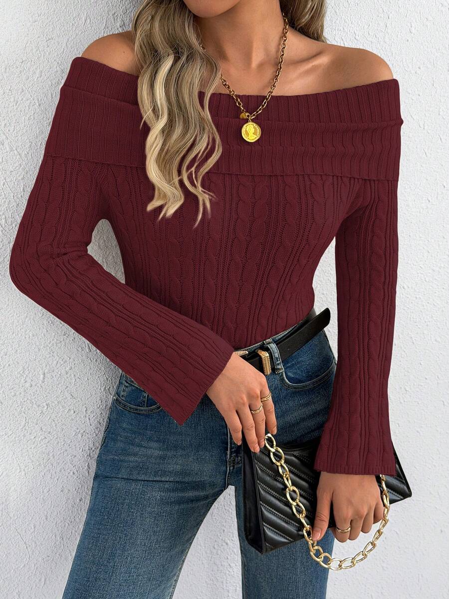 Autumn/Winter Elegant Open Shoulder Cable Knit Flare Sleeve Solid Color Women's Sweater Daily Knit Top - Burgundy - View 1