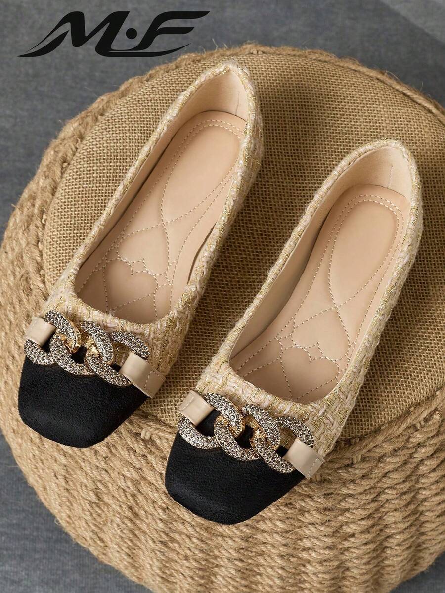 Women's Square Toe Vintage-Style Metal Buckle Colorblock Flats, Versatile Ballet Shoes Soft-Soled Loafers Valentines - Beige - View 1