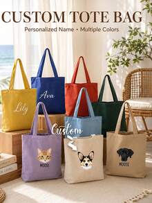 Personalized Pet Photo And Name Tote Bag, Large Capacity Shoulder Bag, Customizable Foldable Personalized Tote Bag Featured With Name Logo Text, Available In Various Colors,Solid Color Large Capacity Shoulder Bag,Suitable For Work, Travel And School,Suitable For Holidays.Ideal Gift For Birthday, Anniversary And Valentine's Day. - Multicolor - View 4