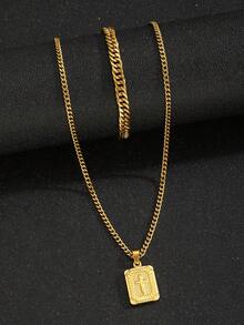 2pcs/Set Gold Cross Pendant Necklace Curb Chain Bracelet Hip Hop Jewelry For Boys Daily Streetwear Party Holiday Gift Fashion Accessories - Gold - View 4