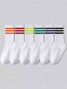 1/6/12 Pairs Women's Mid-Calf Socks, Multi-Color Three-Stripe Cuff Decor, Breathable & Moisture-Wicking, Mid-Calf Sports Socks, Suitable For Daily, Autumn/Winter, Holiday - Multicolor - View 3