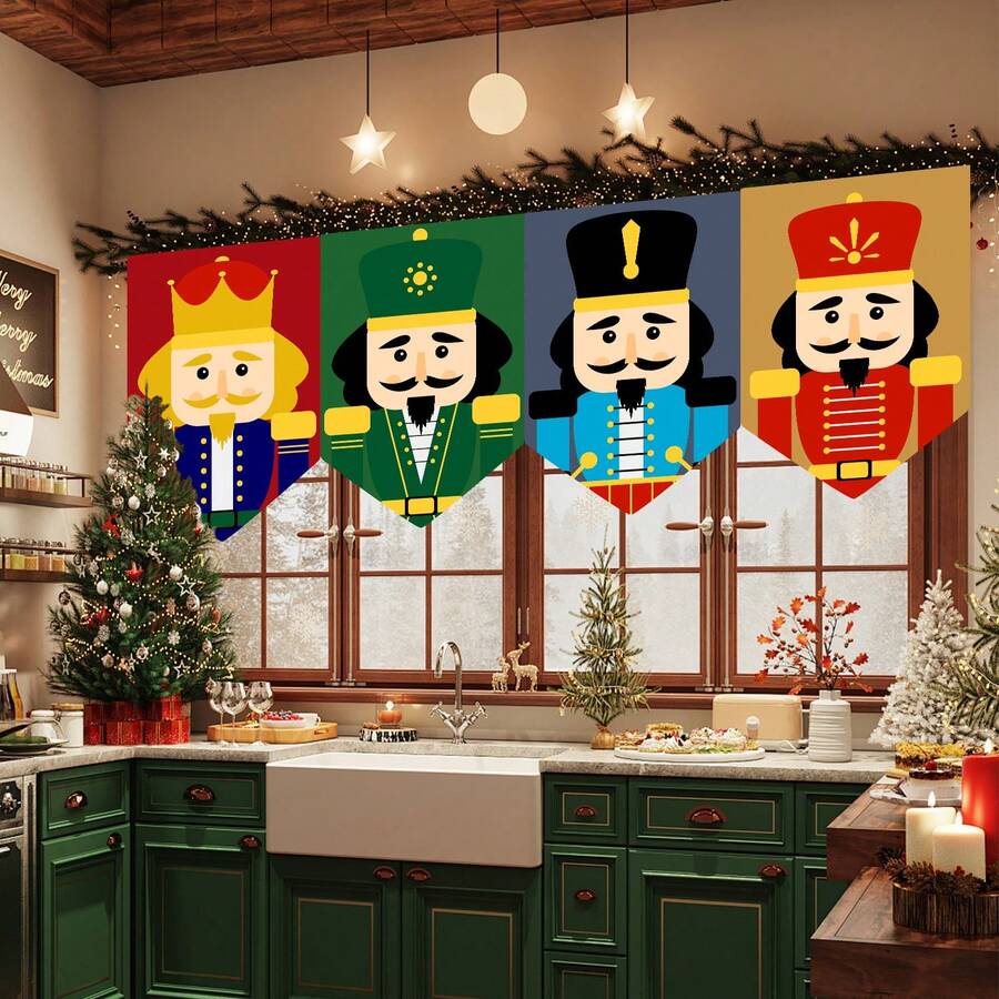 Christmas Curtain Banner , Christmas Snowman And Elk,Elf,Nutcracker & Red Buffalo Plaid Christmas Pattern Triangle Flags, Holiday Home Party Window Wall Decor, Holiday Atmosphere Props,Party Props, Party Favors,Christmas Decorations - Multicolor-a - View 1