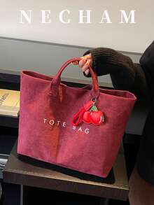 1pc Vintage Suede Solid Color Letter Print Tote Bag, Large Capacity Lightweight Daily Handbag - Burgundy - View 4