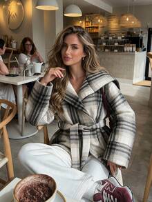 2026 Autumn/Winter New British Style Elegant Casual Vintage Plaid Overcoat Women Loose Fit Versatile Wool Top - Apricot - View 2