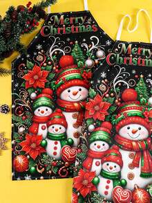 1pc Merry Christmas Apron - Snowman, Poinsettia, Xmas Ball Design, Polyester Holiday Decorative Apron, Suitable For Home Kitchen Baking, And Restaurant Servers, Christmas Kitchen Decor, Christmas Decorations - Multicolor - View 9