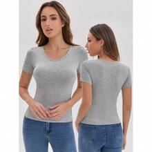 Built-In Bra Lounge T-Shirt, Fixed Integrated Cups, Short Sleeve Scoop Neck Home Top - Grey - View 3