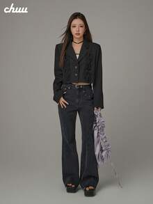 CHUU Wrinkled Long Sleeve Blazer Women's Autumn Black Casual Suit Loose Raw Edge Short Jacket - Black - View 2