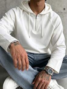 Men's Half-Zip Raglan Sleeve Hooded Long Sleeve T-Shirt, Casual Sports Pullover Top - White - View 2