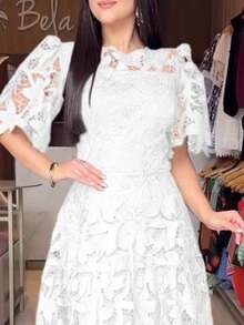 Vestido largo ajustado en cintura de encaje calado con cuello redondo para mujer - Blanco - Ver 3