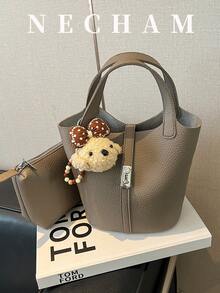 1pc Premium Lychee Texture Solid Color Bucket Bag, Minimalist Elegant Daily Shoulder Bag (Without Pendant) - Grey - View 7