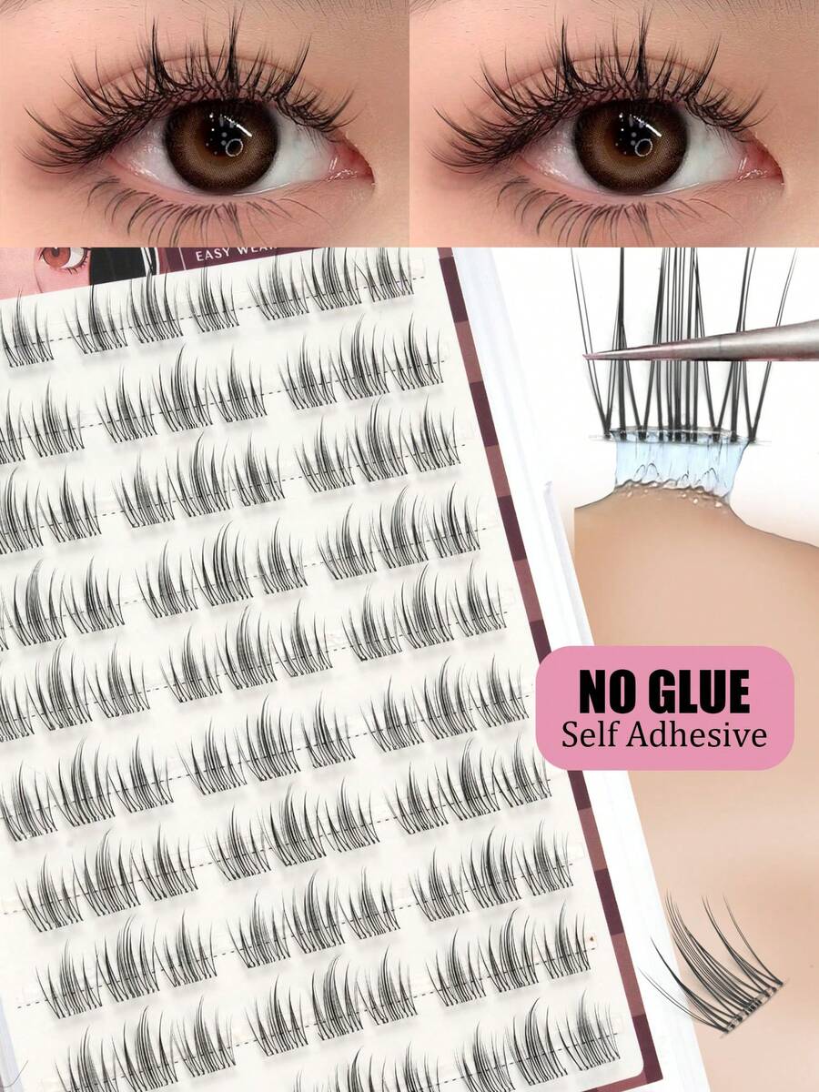 90 Clusters Of Glue Free False Eyelashes, Natural And Lightweight Cartoon Style Eyelash Clusters, Household Cartoon Eyelashes, Suitable For Beginners, Suitable For All Places, Eyelashes, False Eyelashes, Glue Free Eyelash Clusters - C - View 1
