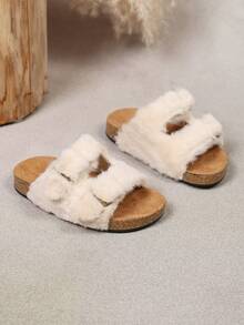 Parent-Child Plush Buckle Slippers, Mother-Son Mother-Daughter Matching Style, Autumn/Winter Soft Cork Sole Indoor/Outdoor Warm Fuzzy Slippers - Beige - View 5