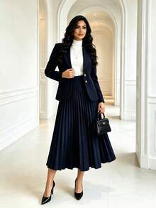 Elegant Plus Size Women Navy Blue Lapel NeckBlazer And Pleated Midi Skirt Set Fall - Deep Royal Blue - View 2