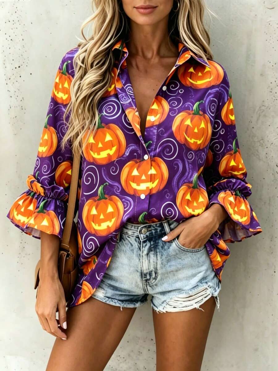 Women's Long Sleeve Shirt With Halloween Pumpkin Pattern, Vintage Fashion Style, With Button Details, Suitable For Autumn Wear - Violet Purple - View 1
