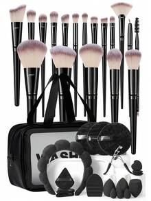 37Pcs/18pcs/18pcs Black Makeup Brushes Cosmetic Sponges Triangle Powder Puffs Finger Puffs Silicone Cleaning Pad Cloud Hairband Eyelash Curler Travel Makeup Bag Ultra Soft For Foundation Concealer Powder Blending Makeup Tool Kit For Beginners - Black - View 1