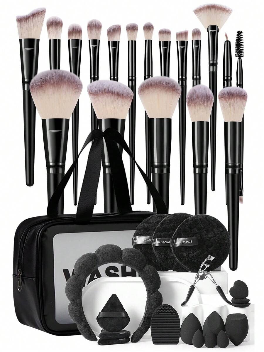 37Pcs/18pcs/18pcs Black Makeup Brushes Cosmetic Sponges Triangle Powder Puffs Finger Puffs Silicone Cleaning Pad Cloud Hairband Eyelash Curler Travel Makeup Bag Ultra Soft For Foundation Concealer Powder Blending Makeup Tool Kit For Beginners - Black - View 1