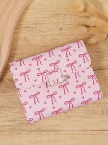Fashionable Women's Bow Printed Short Credit Card Storage Bag, Simple And Casual Multifunctional Card Holder, Three Fold Buckle Women's Wallet - Hot Pink - View 2