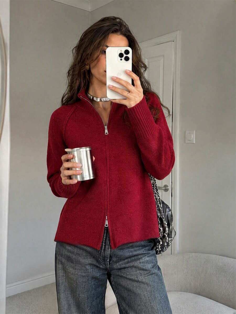 Wixra Korean Style Loose Knit Cardigan, Stand Collar Raglan Sleeve Double Zipper Top, Solid Color Preppy Style Autumn/Winter Layering Essential - Red - View 1
