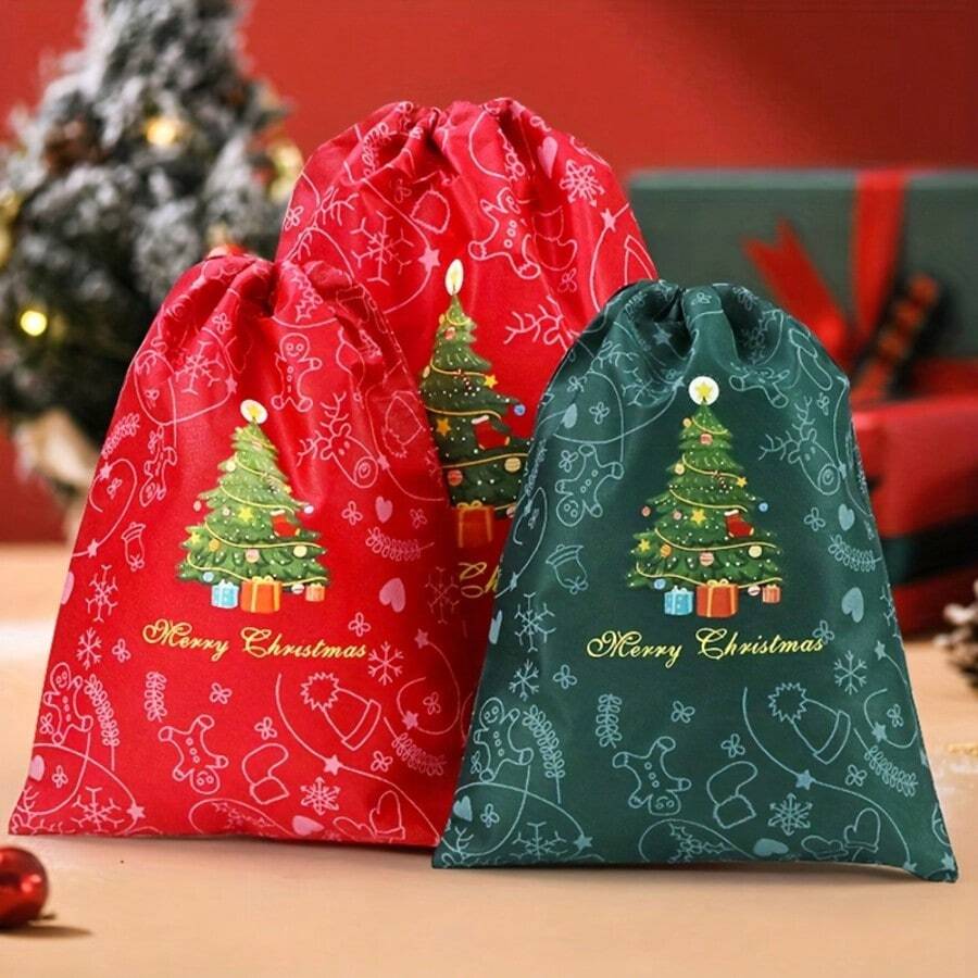 1pc Christmas Tree Non-Woven Fabric Drawstring Gift Bag, Red And Green Color, Tree Pattern, Suitable For Christmas, New Year, Birthday And Various Holiday Party Favors - Multicolor - View 1