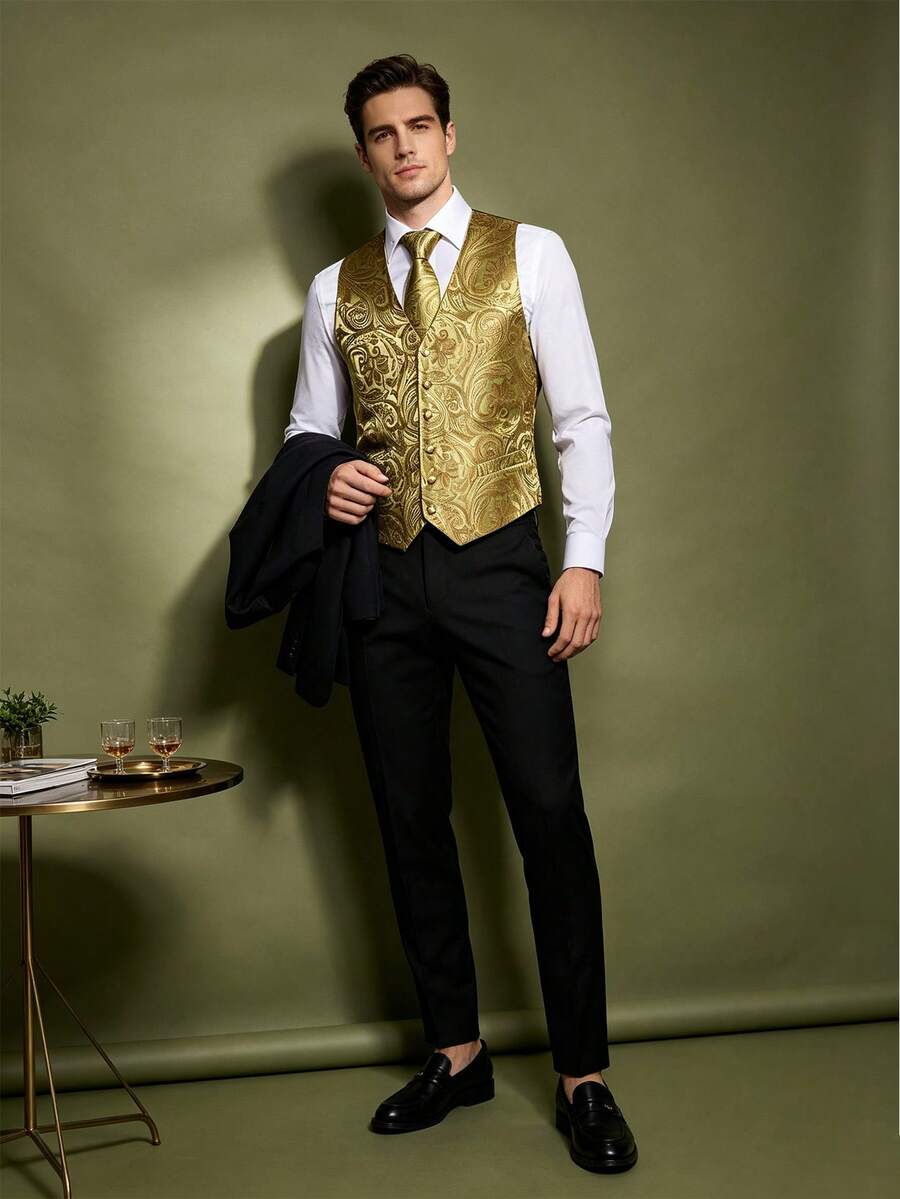Men's Paisley Jacquard Suit Vest With Necktie