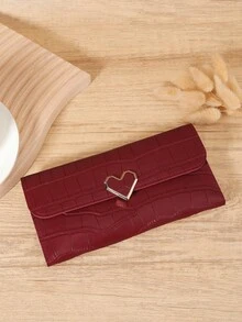 Fashionable Women's Stone Patterned Multifunctional Long Wallet, Metal Heart Decoration Three Fold Buckle Wallet, Very Suitable For Outdoor And Travel - Redwood - View 2