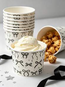 Bow Pattern Ice Cream Cup, Minimalist Ribbon & Star Sketch Print, Disposable Dessert Bowl, Suitable For Cold Drinks, Ice Cream, Pudding And Snacks, Perfect For Adult Elegant Parties, Bridal Showers, Wedding Receptions, Garden Gatherings And Catering Services - Multicolor - View 3