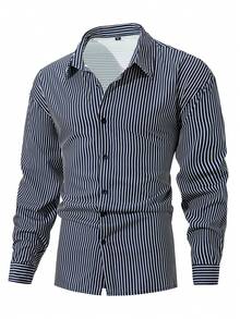 Vintage Navy Blue & White Vertical Striped Men's Shirt, Collared Drop Shoulder Loose Long Sleeve Button Up Top, Versatile Everyday Style - Navy Blue - View 3