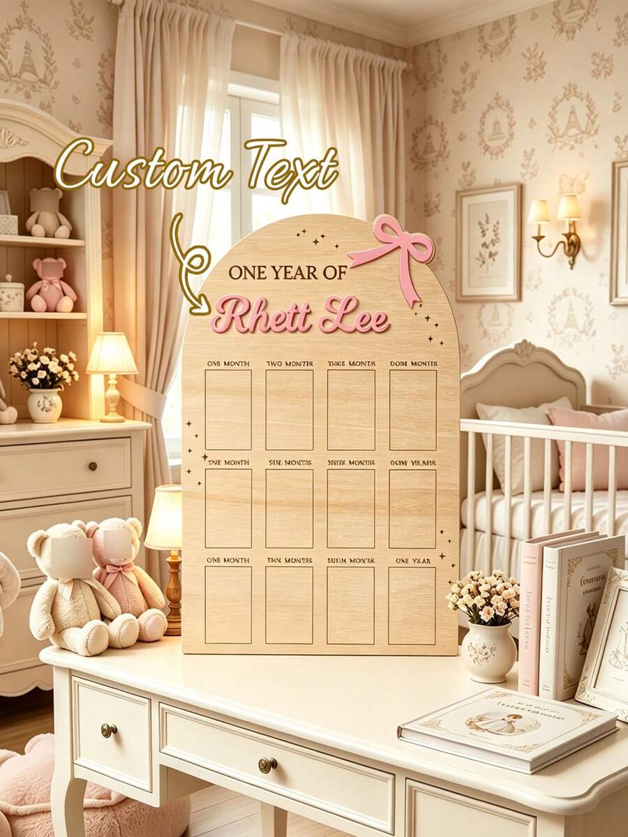 Papan Foto Kayu untuk Ulang Tahun Pertama dengan Nama Kustom, Bingkai Foto 12 Bulan Berbentuk Lengkung dengan Motif Bunga, Dekorasi Pajangan Foto Pesta Ulang Tahun Pertama - MultiWarna - View 1