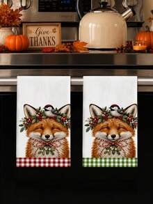 2pcs/4pcs Christmas Kitchen Towels, Fox Bird Holly Berry Print, Red & Green Plaid Border Holiday Home Decor Hand Towels - Multicolor - View 8