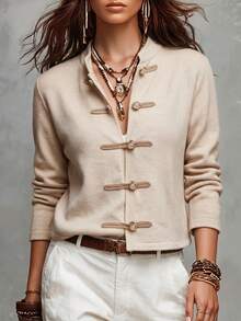 SEREN Women's New Chinese-Style Knit Cardigan, Napoleon Style, Autumn/Winter Sweater Jacket, Suitable For Daily Wear - Apricot - View 8