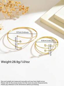 1 Set 2pcs Minimalist Versatile Creative Line Micro-Inlaid Rhinestone V-Shaped Open Adjustable Bangle Bracelet Jewelry Set Suitable For Women's Daily, Vacation And Party Wear - Gold - View 4