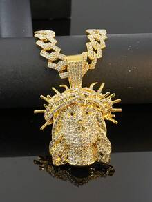 1pc Hip Hop Full Rhinestone Jesus Head Pendant Necklace, Heavy Rhinestone Inlaid Cuban Chain, Gold Vintage Religious Style Accessory, Rap Stage Party Unisex Personalized Gift Jewelry - Crown Of Thorns Jesus - View 8