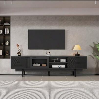 200*40*50.5 Cm Modern And Simple TV Stand, Low Sideboard With 2 Doors And 2 Drawers, TV Stand With Large Storage Capacity, Living Room Furniture With A Total Load Capacity Of 45 Kg, Suitable For 80-Inch TVs, Black