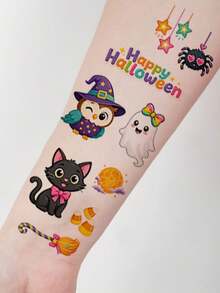 10 Sheets, With 116pcs Halloween Cartoon Element Pattern Temporary Tattoo Stickers, Featuring Pumpkin, Vampire, Zombie, Bat, And Spider Designs, Waterproof And Lasts 2-5 Days, Suitable For Parties - Multicolor - View 6