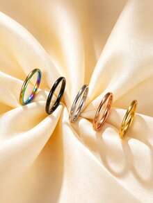 5pcs Women's Fashion Stainless Steel 2MM Wide Classic Rings - Multicolor - View 1