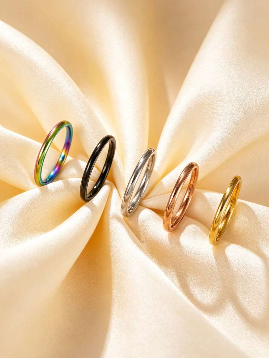 5pcs Women's Fashion Stainless Steel 2MM Wide Classic Rings - Multicolor - View 1