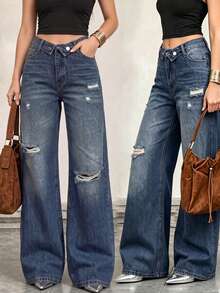 Calça Longa Feminina Estilo Street Europeu & Americano, Solta, Resistente, Desgastada, Rasgada, Cintura Baixa, Cinto Dobrado, Vintage Azul, Comprimento até o Chão, Perna Larga, Outono - Azul - Visão 9