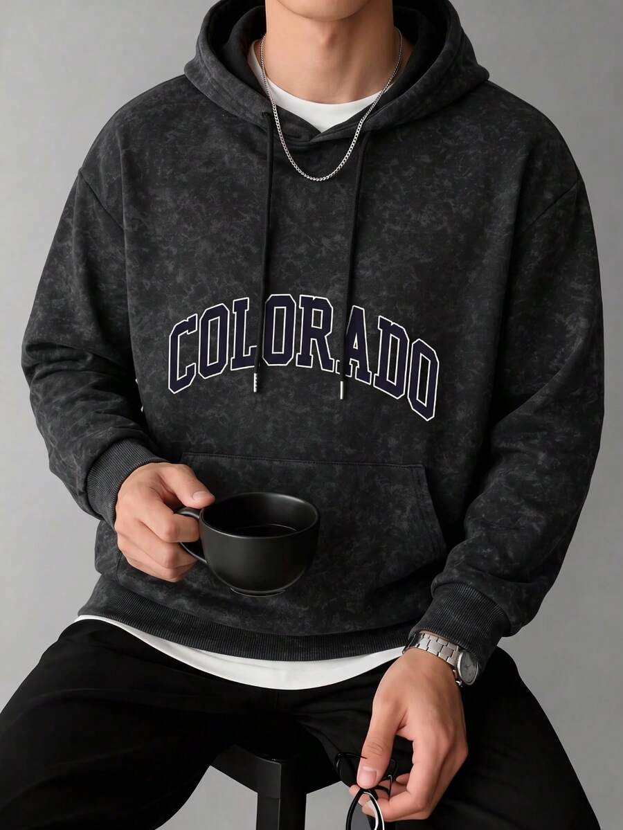 男士秋冬美式復古 COLORADO 字母印花抽繩連帽衛衣 - 黑色 - 查看 1
