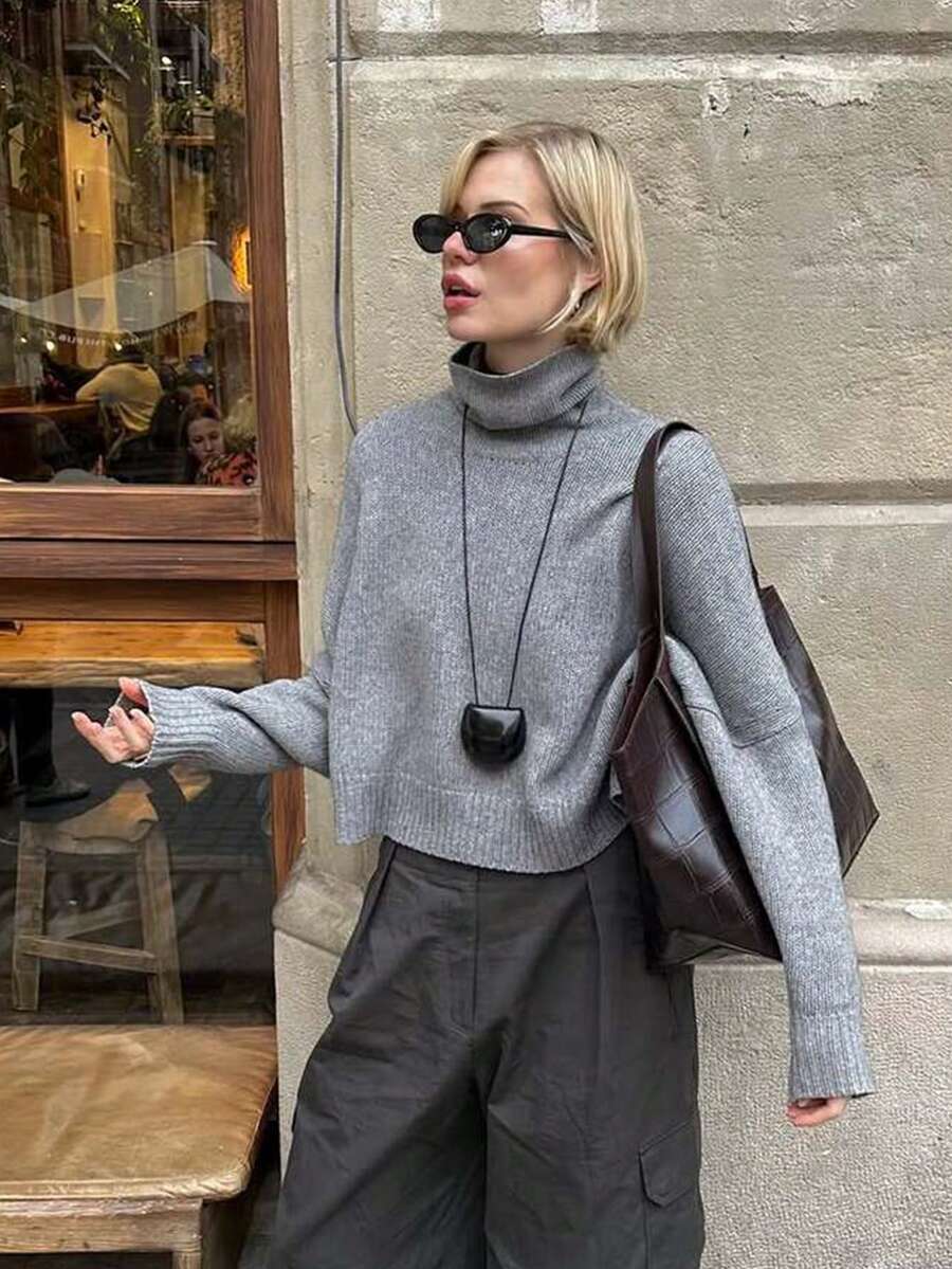 SEREN Women's New Minimalist Gray Turtleneck Knit Sweater, Versatile Long Sleeve Pullover For Autumn, Commuter Top For Daily Wear - Grey - View 1