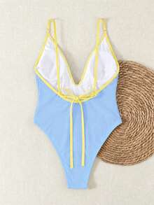 Women's Blue One-Piece Bikini Swimsuit With Yellow Trim, Backless Design, Suitable For Beach Vacation, Summer, Christmas And Halloween - Multicolor - View 5