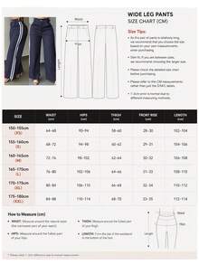 Women's Vintage Brown Wide Leg Pants With White Side Stripes, Button Zipper Pockets, Long Woven Fabric Trousers, Autumn Fashion Choice For Commuting And Professional Wear - Navy Blue - View 6
