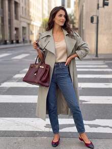 Fall Vintage Light Grey Lapel Double Breasted Long Trench Coat For Women, Belted Waist Oversized Jacket For Work Party - Beige - View 9