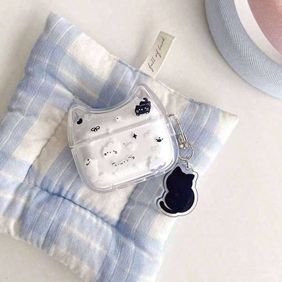 1件裝花朵貓咪圖案保護殼,適用於 Apple 4 Pro 第2代,藍牙耳機殼附卡通貓頭裝飾(吊飾款隨機) - 彩色 - 查看 1
