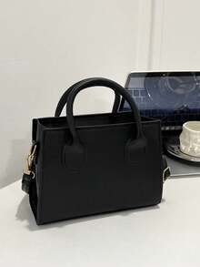 Solid Color PU Handbag Minimalist Casual Small Square Bag Commute Mini Shoulder Bag Fashion Crossbody Bag For Outings - Black - View 2