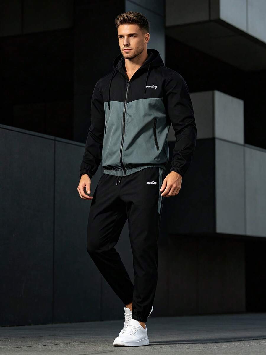 1 Set Men's Autumn Colorblock Hooded Sports Outfit, Zip-Up Jacket + Elastic Drawstring Joggers, 2-Piece Casual Running Fitness Daily Wear - Dusty Blue - View 1