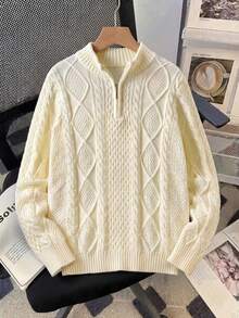 Boys' Preppy Solid Color Cable Knit Half-Zip Pullover Sweater, Suitable For Daily Wear, School, Spring, Autumn, Winter - Apricot - View 3