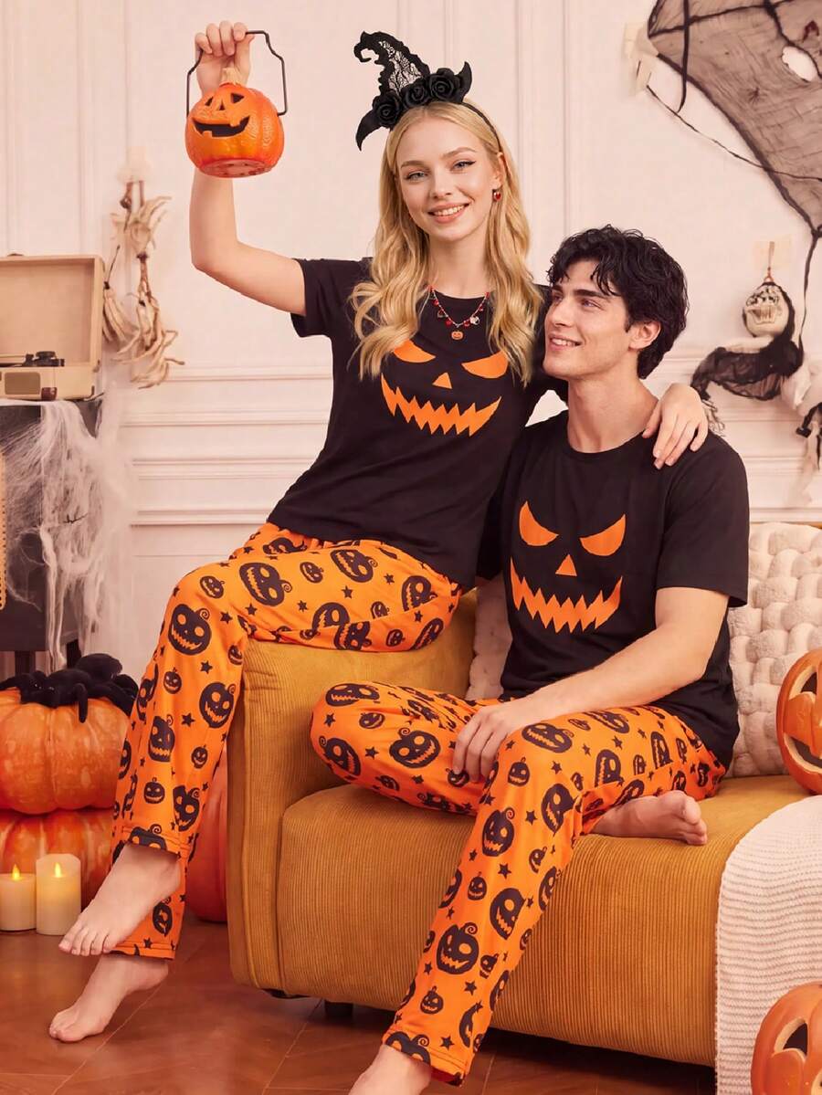 Notgurli 4-Piece Couples' Set: Women's & Men's Halloween Pajamas – Fun, Comfortable Pumpkin-Print Loungewear For Autumn/Winter - Multicolor - View 1