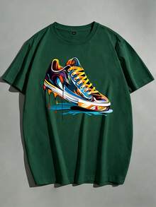 Men's Loose Fit Colorful Sneaker Print Short Sleeve T-Shirt, Plus Size Casual Top | Exquisite Design | Summer Essential | Easy To Match, Showcase Your Style - Green - View 4