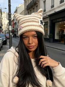 1pc Punk Gothic Y2K Cute Black & White Striped Cat Ear Knit Beanie, Women's Warm Crochet Demon Hat, Autumn/Winter - A - View 4